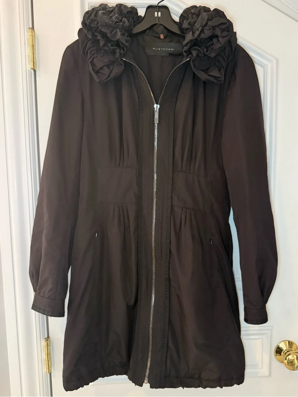 Elie Tahari Black Ruffle Collar Travel Coat w/ Hidden Zip Hood